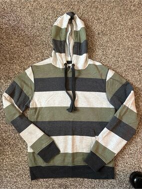 Sunday Work Clothes Men's Striped Hooded Sweater - Olive, Gray & Cream S